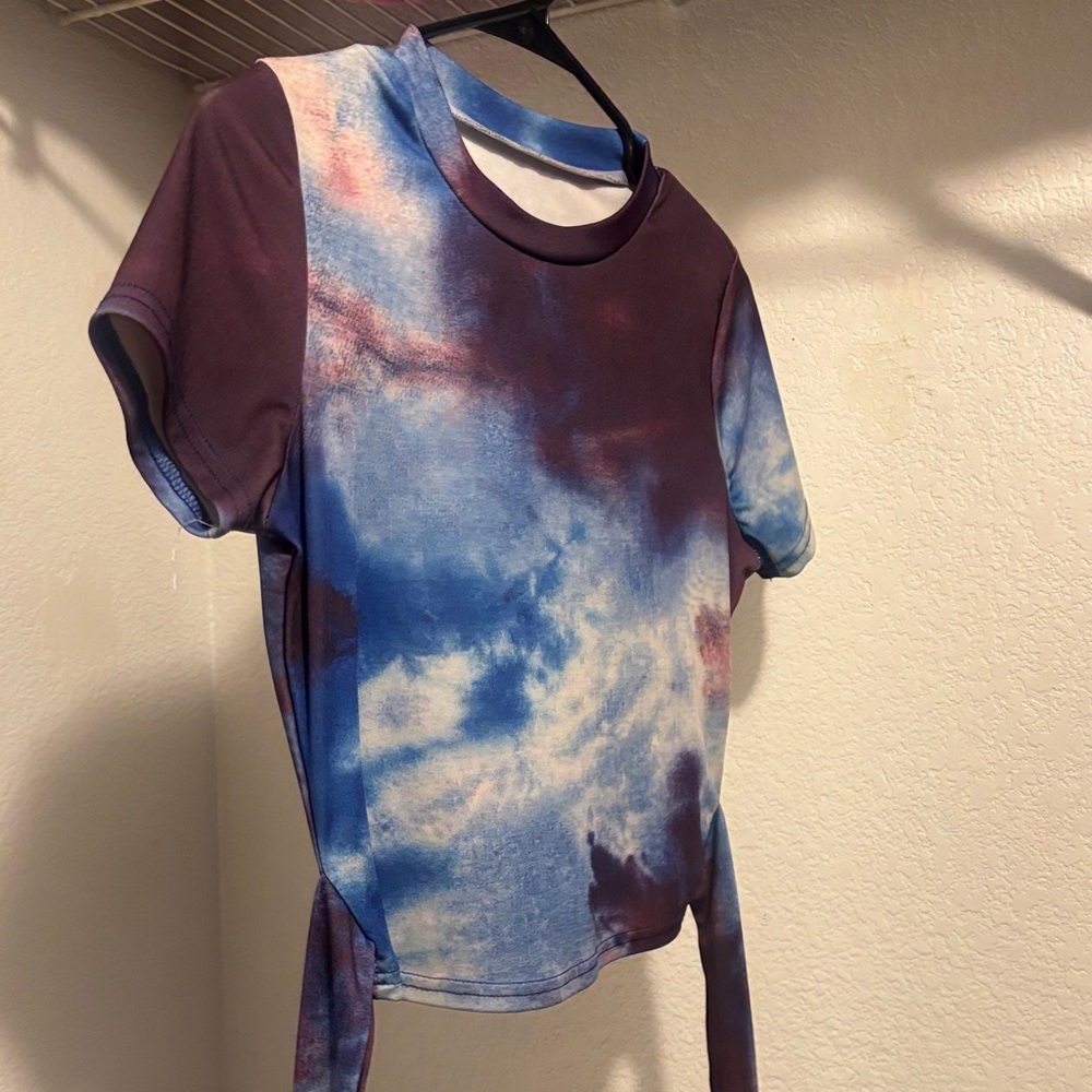 SHEIN Blue and Purple Tie-Dye Short Sleeve Top